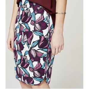 LOFT Floral Print Pencil Skirt‎ Tulip Hem Career Office White Purple 10